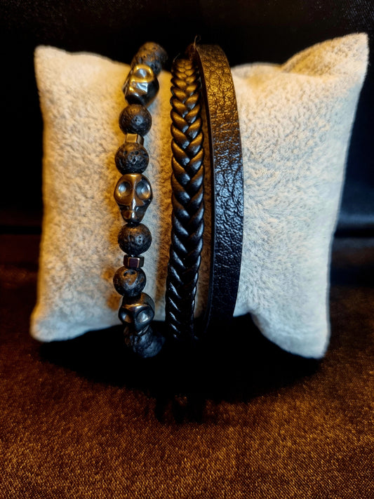 Bracelet cuir et pierre de lave