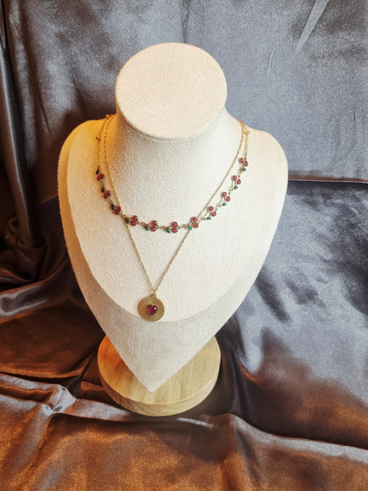 Collier double chaînes cerise